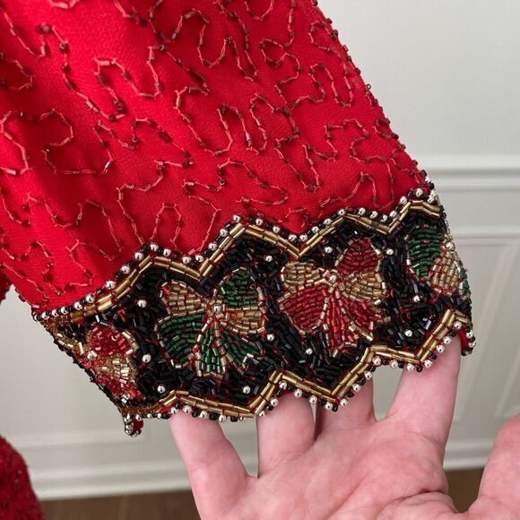 NWT NOS Laurence Kazar Beaded Sequin Short Sleeve Silk Top Red L - Picture 5 of 9